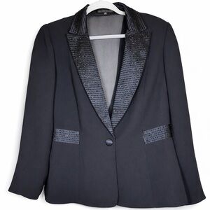 Sandra Darren Black Embellished Blazer Size 12 Beaded Lapel Evening Jacket